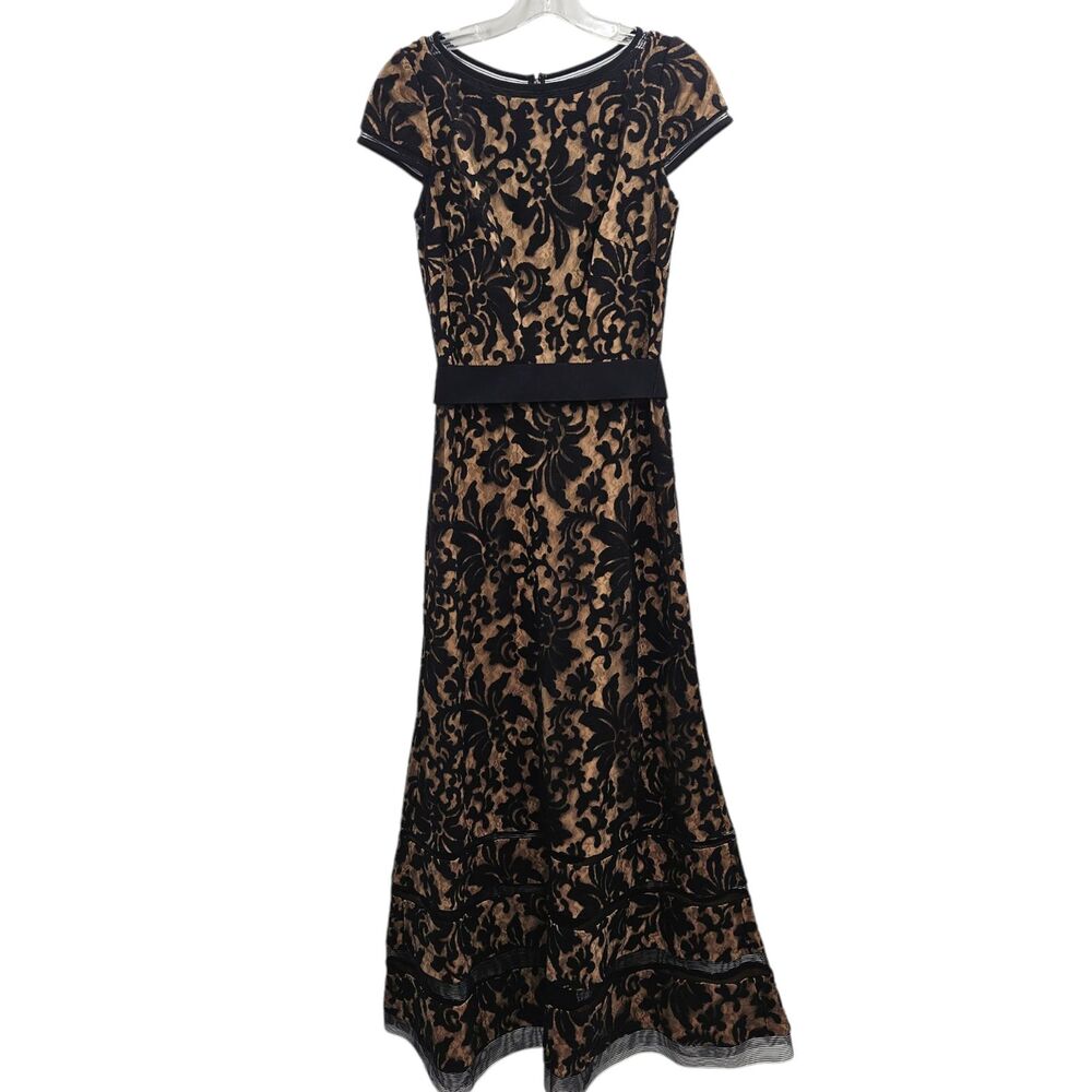 Tadashi Shoji Black Flocked Lace Evening Gown Size 2 Nude Lining Cap Sleeve
